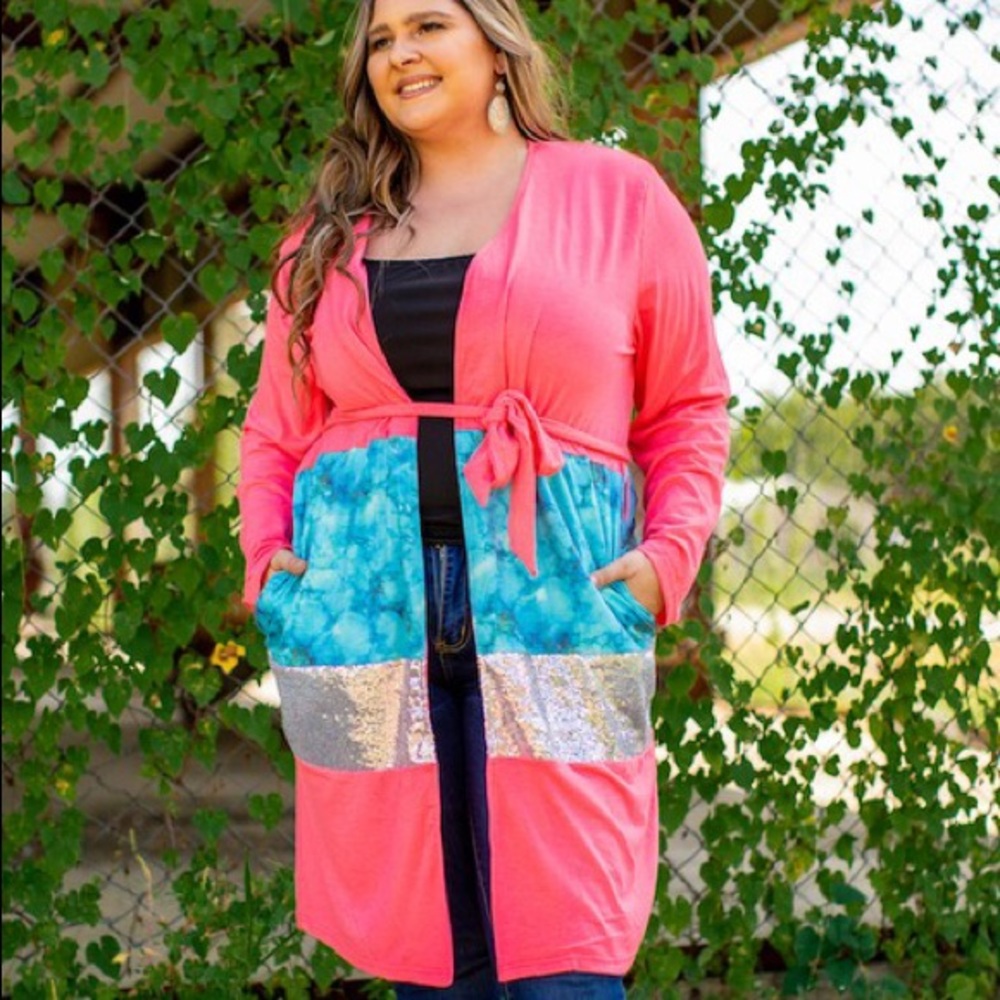 NWT BOUTIQUE L&B Plus Coral Sequin Cardigan Kimono Swim Coverup Lucky & Blessed
